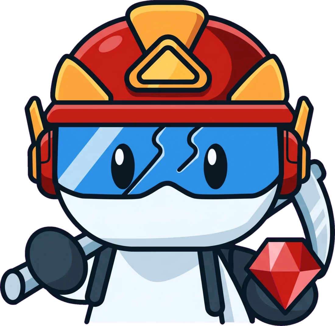 The Codeminer42 Miner: a round character in a ruby helmet with an amber headlamp, holding a pickaxe and a cut ruby