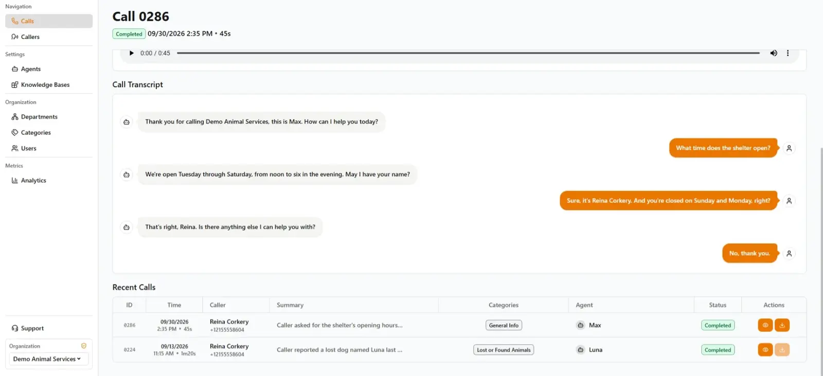 Screenshot 2 of 2 from the product built for A US AI startup for government operations, automating public institutions' call centers